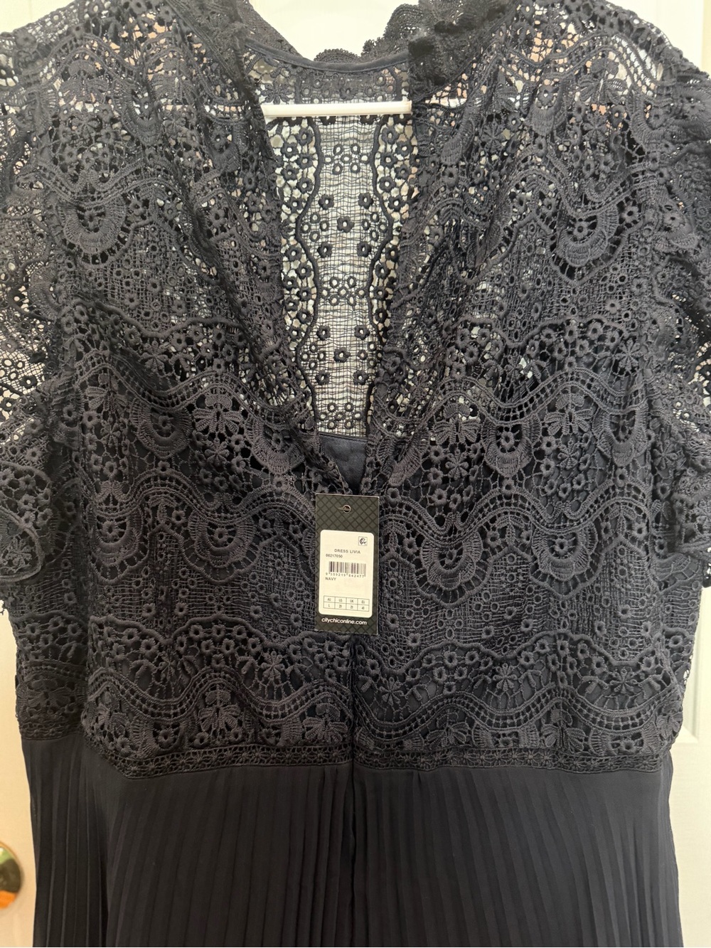 City Chic Navy Lace High-Neck Pleated Midi Dress - Picture 4 of 5